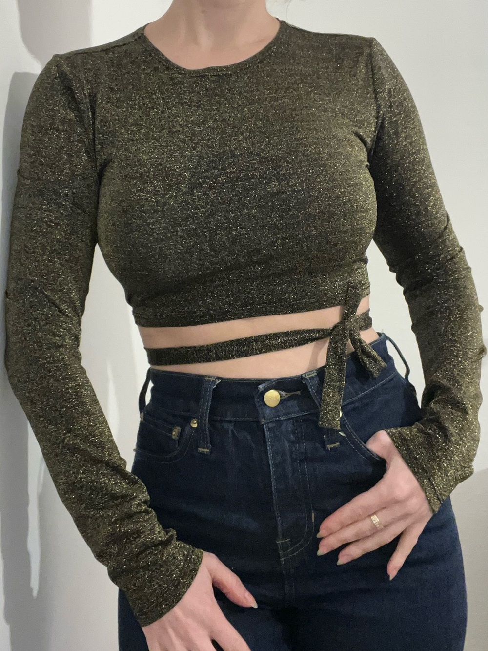 Reformation Shimmering Bronze Crop Long-Sleeve Top